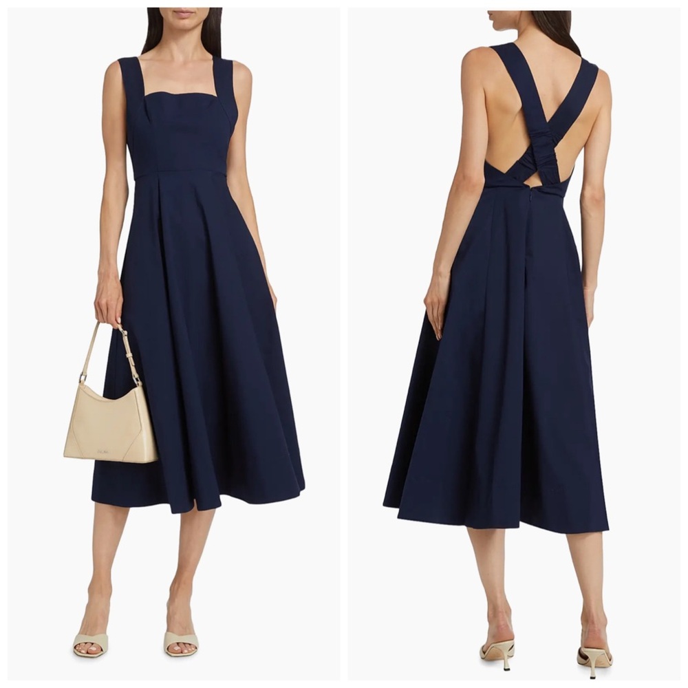 STAUD Navy Blue Midi Fit-and-Flare Dress
